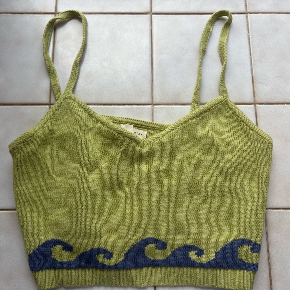 La Hearts Olive Knit Top with Blue Waves